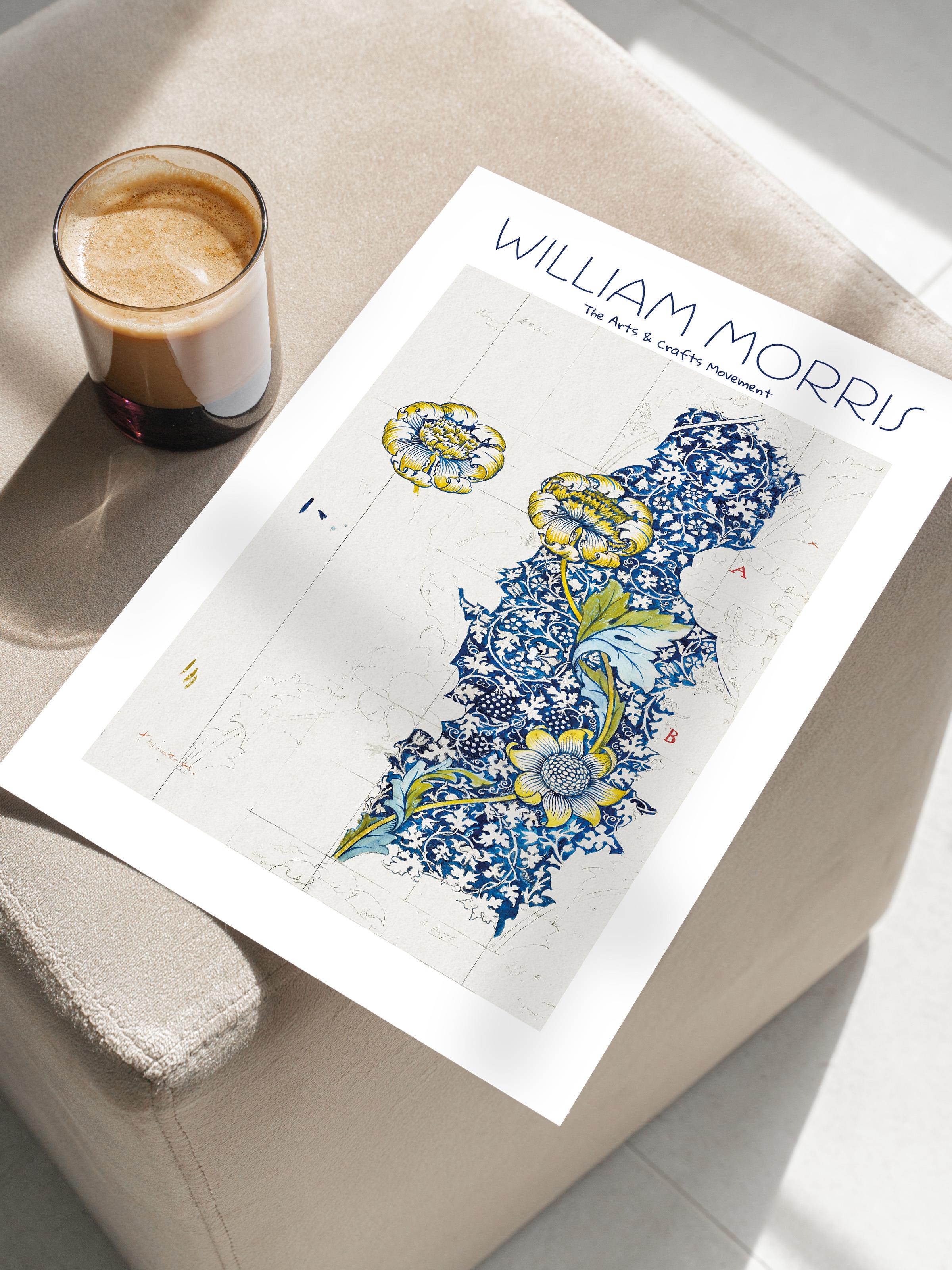 William Morris Poster - William Morris Tasarımları - Sanat Serisi - Bej ve Mavi Çerçevesiz Duvar Tablosu - Parlak ve Kalın Fine Art Kağıt Poster