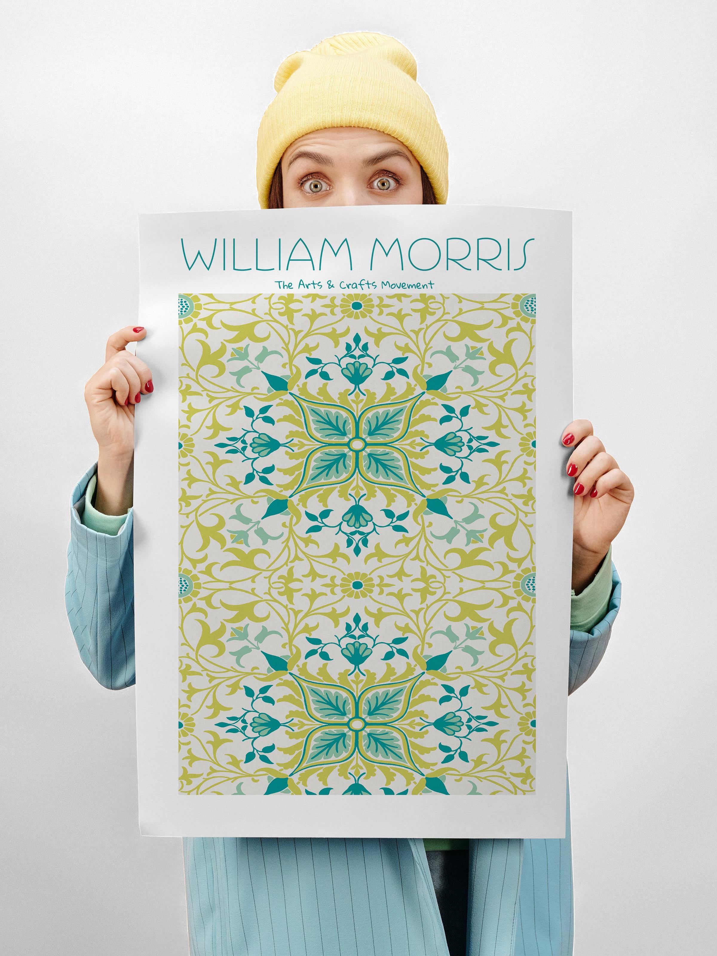 William Morris Poster - William Morris Tasarımları - Sanat Serisi - Beyaz & Su Yeşili Çerçevesiz Duvar Tablosu - Parlak ve Kalın Fine Art Kağıt Poster